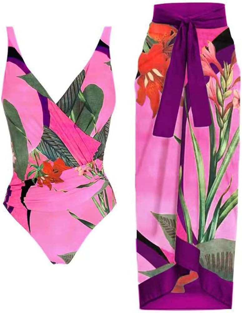 IDOPIP Women's One Piece Swimsuit with Beach Cover up Wrap Skirt Sarong Retro Floral Print Bikini... | Amazon (US)