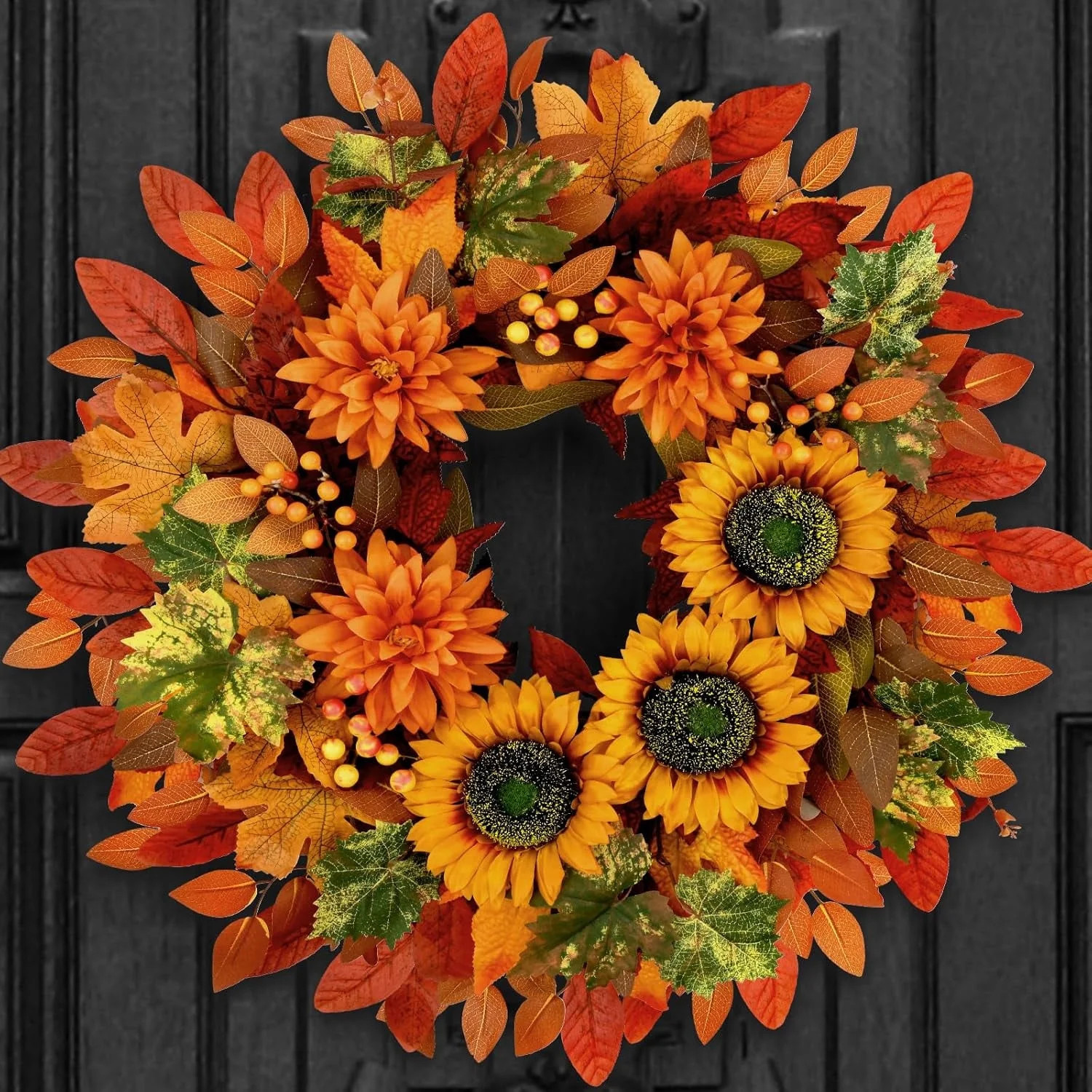 Waipfaru Fall Wreath for Front Door,22inch Sunflower and Dahlia Autumn Wreath, Large Fall Floral ... | Walmart (US)