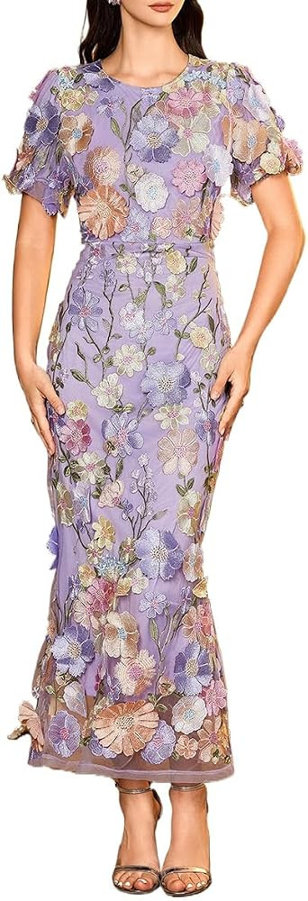 Women's 3D Floral Embroidery Dress Ruffle Sleeve Fishtail Lace Bodycon Party Cocktail Mini Dress | Amazon (US)