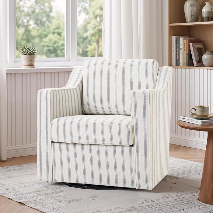 Swivel Accent Chair, Upholstered Barrel Armchair, Pinstripe Light Blue | Amazon (US)