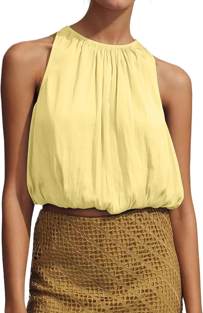 Ythomm Women’s Halter Crop Bubble Tops Summer Sleeveless Crewneck Puffy Hem Cropped Tank Tops F... | Amazon (US)