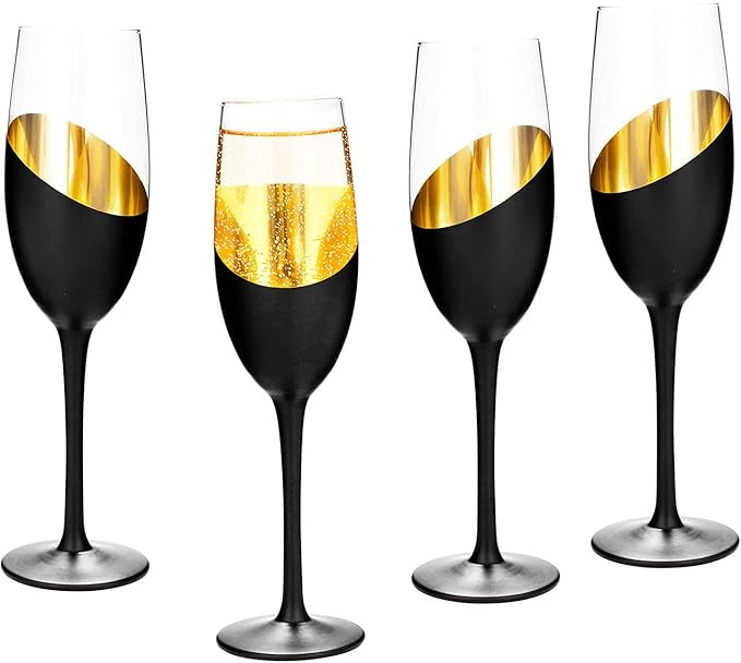 MyGift Modern Stemmed Champagne Flute Glass Set of 4 with Black and Gold Plated Design, Bachelore... | Amazon (US)