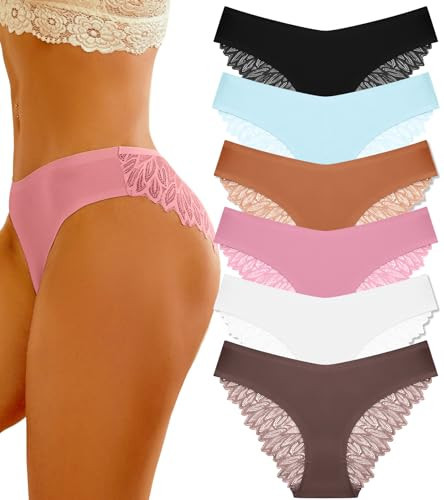FINETOO 6 Pack Sexy Underwear for Women Silky Seamless No Show Panties Ladies Lace Bikini Lightweight Cheeky Hipster(S) | Amazon (US)
