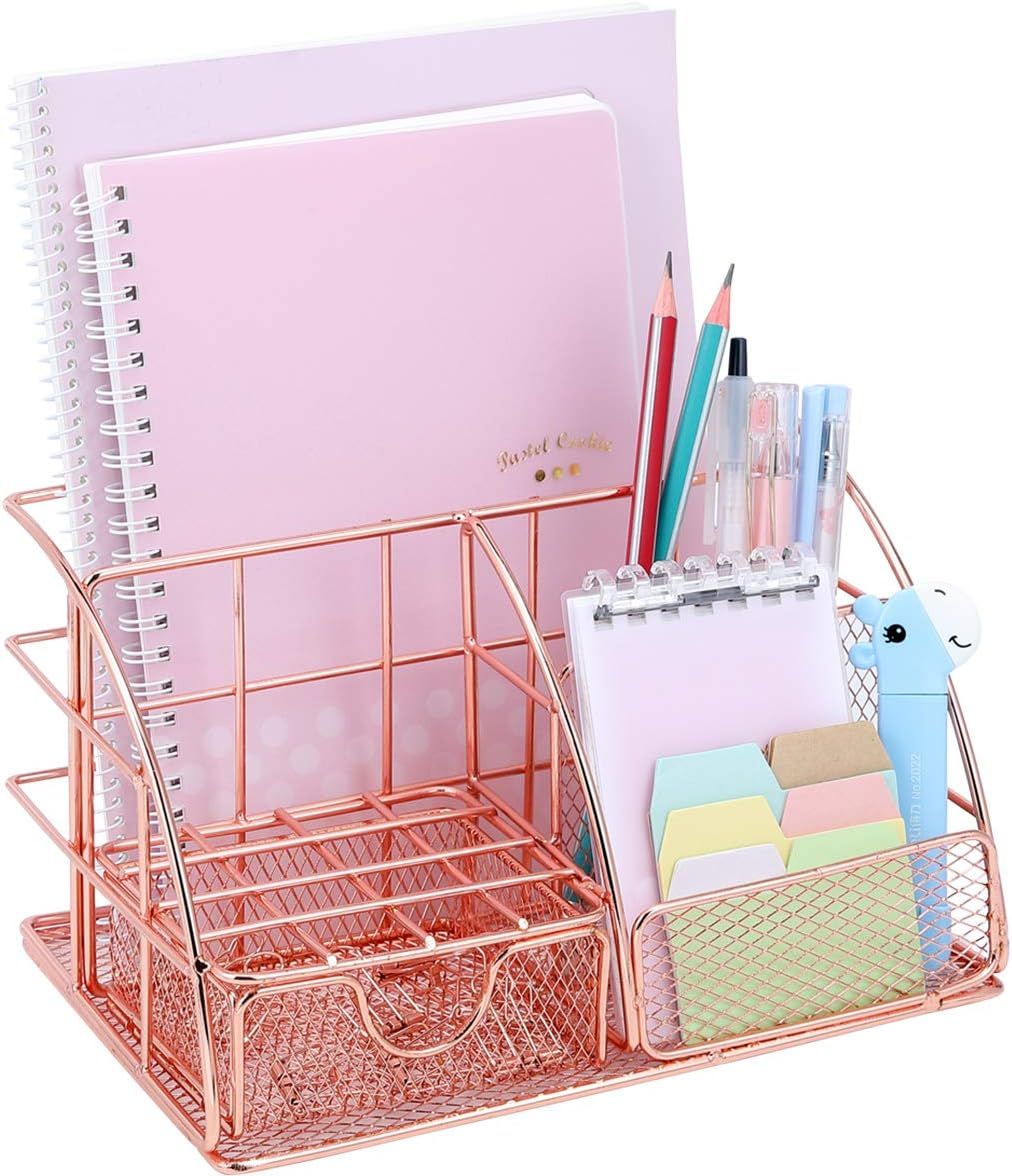 Rose Gold Desk Organizer with Drawer, File Tray and 4 Upright Sections Mesh Office Desk Organizer... | Amazon (US)
