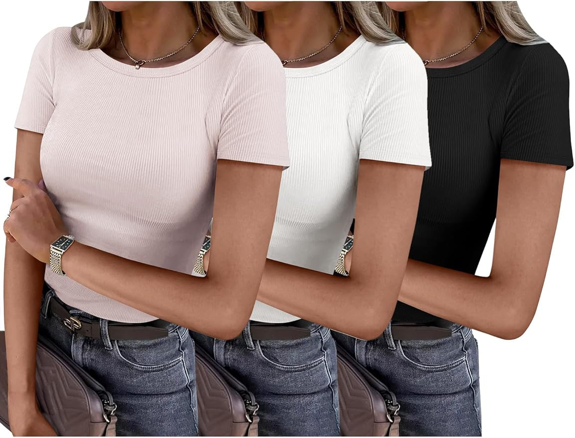 ANRABESS Women Short Sleeve Shirts Rib Knit Slim Fitted Summer Basic Tee Tops 2025 Underwear Outf... | Amazon (US)