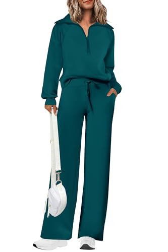 PRETTYGARDEN Women's 2 Piece Outfits Casual Lapel Half Zip Sweatshirts and Wide Leg Pants Tracksuit Sets (Blue Green,X-Large) | Amazon (US)