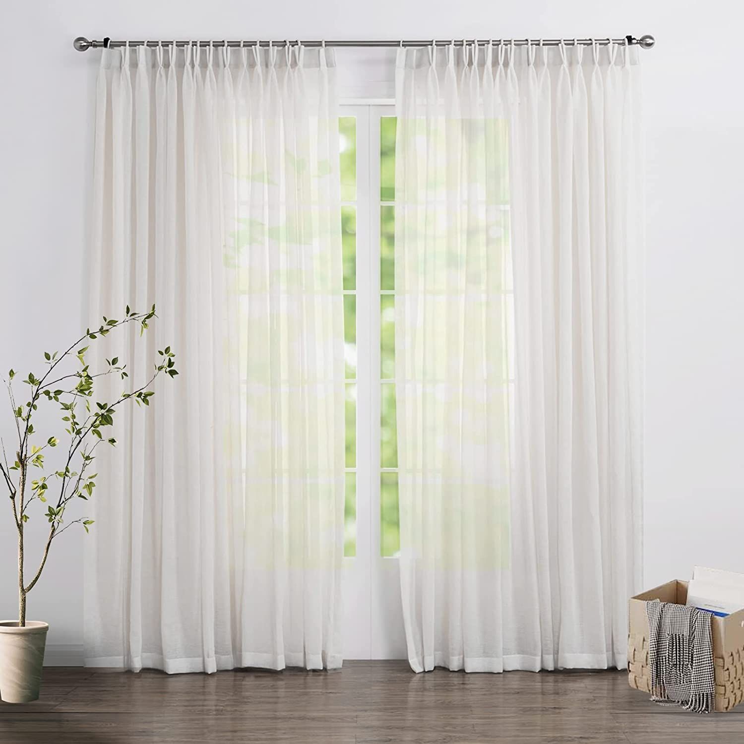 LANTIME White Semi Sheer Curtains, Faux Linen Double Pleated Extra Long Window Sheer Curtains Pan... | Amazon (US)