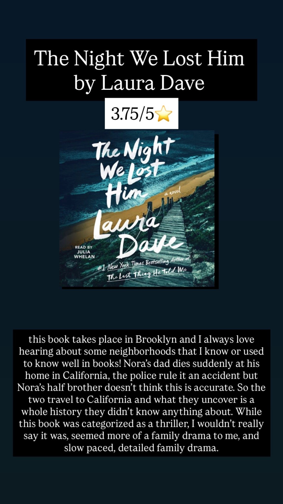 41. The night we lost him by Laura Dave :: 3.75/5⭐️ this book takes place in Brooklyn and I always love hearing about some neighborhoods that I know or used to know well in books! Nora’s dad dies suddenly at his home in California, the police rule it an accident but Nora’s half brother doesn’t think this is accurate. So the two travel to California and what they uncover is a whole history they didn’t know anything about. While this book was categorized as a thriller, I wouldn’t really say it was, seemed more of a family drama to me, and slow paced, detailed family drama. 

#LTKdayinmylife #LTKHome #LTKTravel