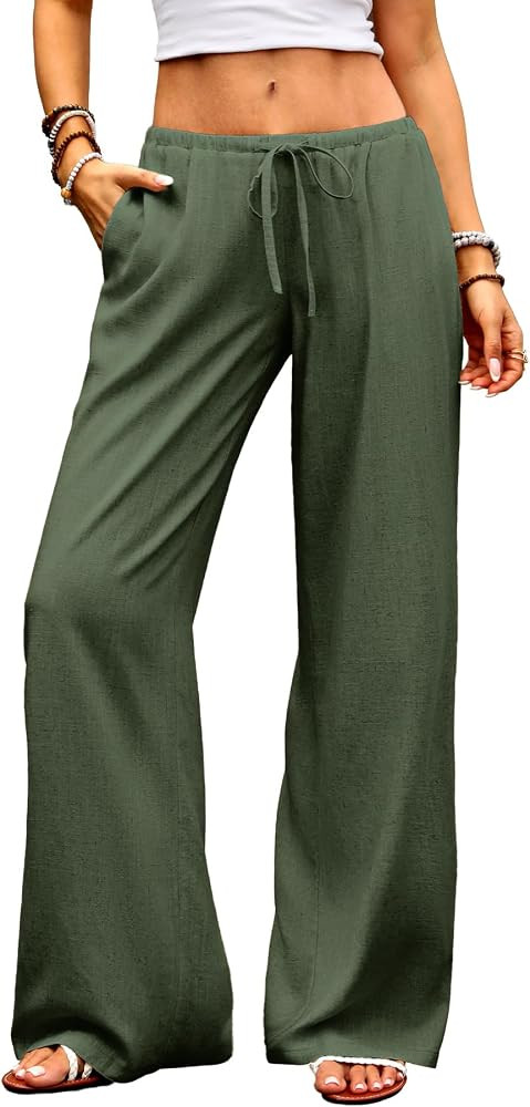ELLEVEN Womens Low Rise Wide Leg Linen Pants, Baggy Lightweight Flowy Palazzo Trousers Summer Bea... | Amazon (US)