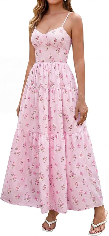 Summer Floral Maxi Dress Boho Lace Up Spaghetti Strap V Neck Beach Vacation Long Dresses for Wome... | Amazon (US)