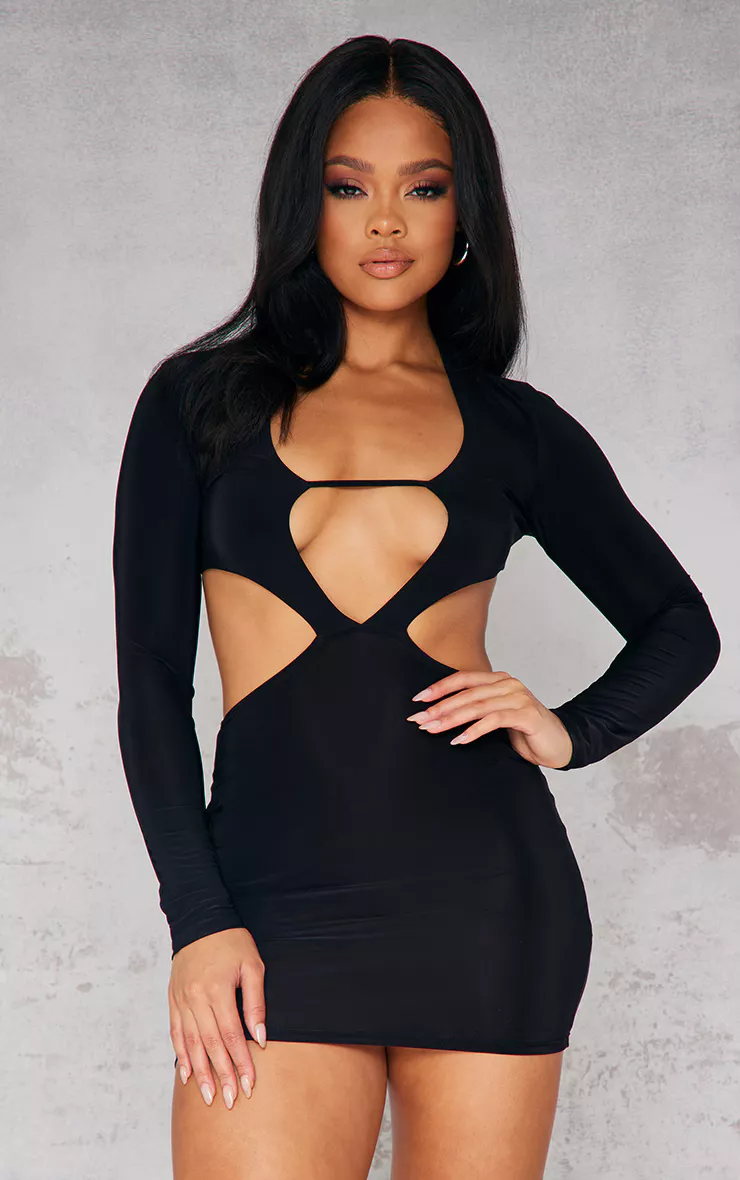 Black Slinky Cut Out Waist Bodycon Dress