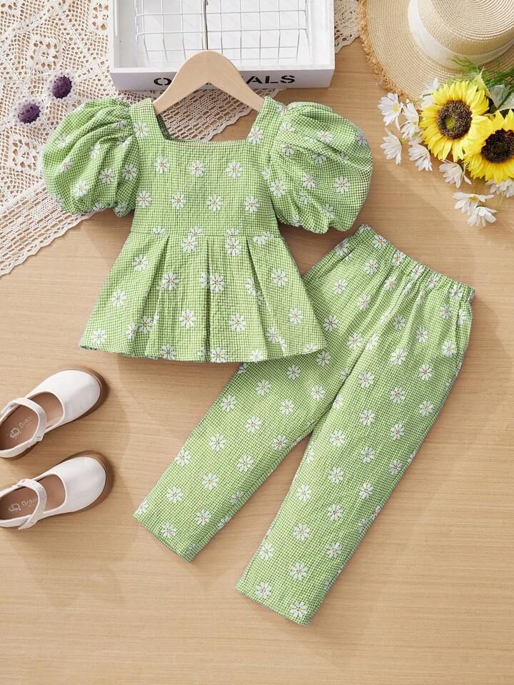 Young Girl Loose Casual Puff Sleeve Square Neck Shirt And Pants Set | SHEIN