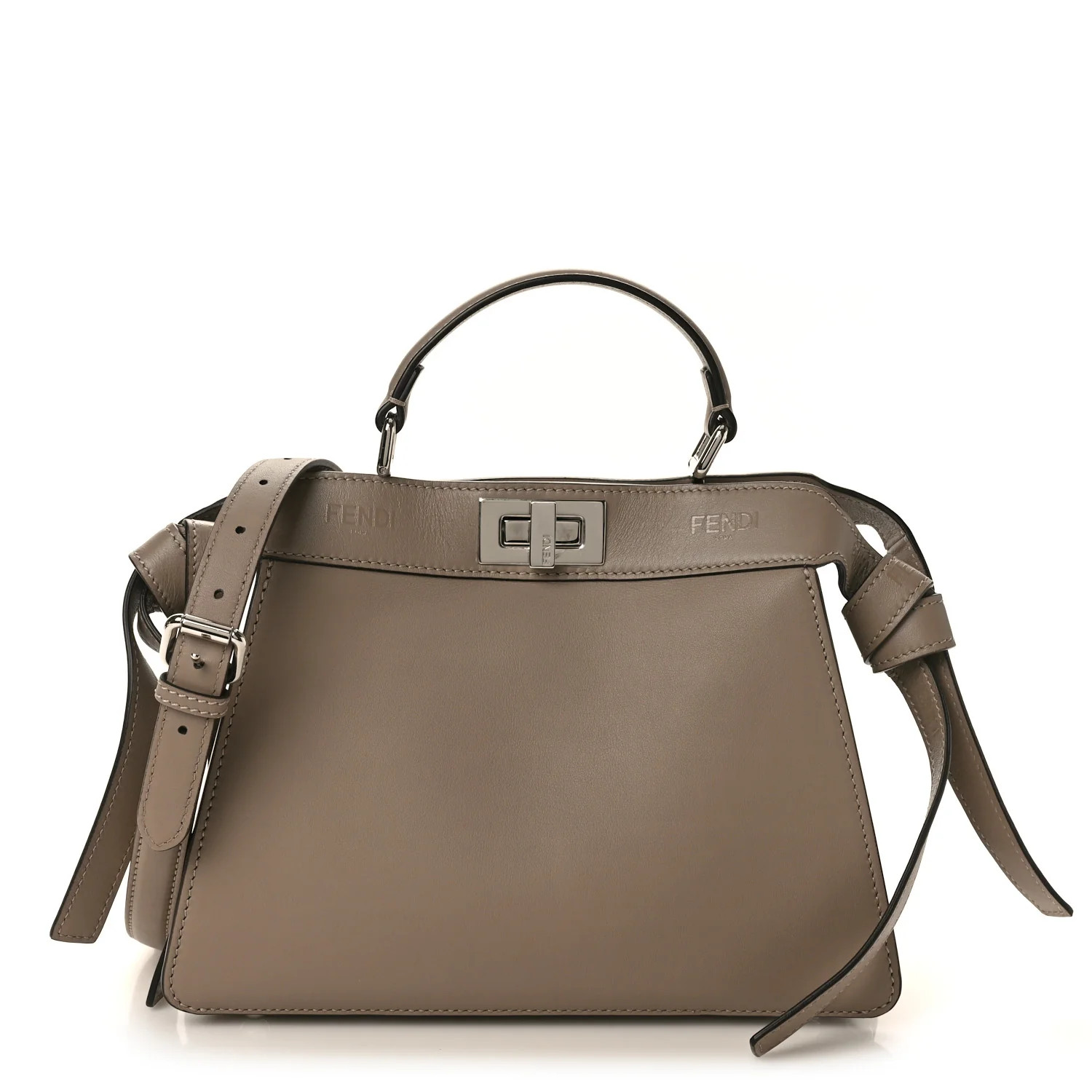 Vitello Seta Shiny Nappa Logo Embossed Laces Small Peekaboo I SEE U Satchel Tortora | FASHIONPHILE (US)