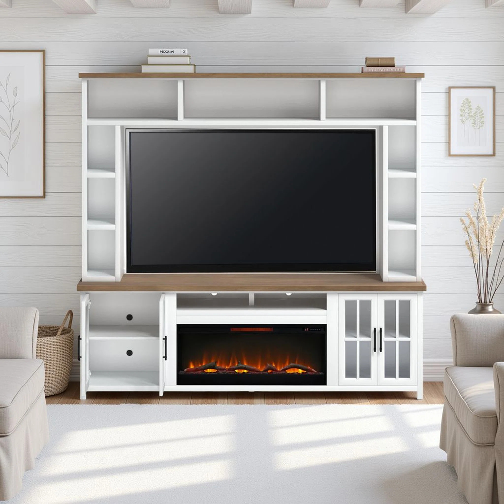 Brixham 97-inch Fireplace Entertainment Center for TVs up to 80 inches, Two-Tone Finish | Wayfair North America