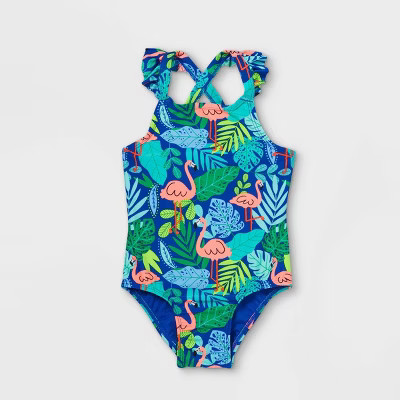 Toddler Girls' Flamingo Ruffle Sleeve One Piece Swimsuit - Cat & Jack™ Blue | Target