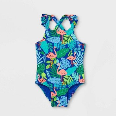 Toddler Girls' Flamingo Ruffle Sleeve One Piece Swimsuit - Cat & Jack™ Blue | Target