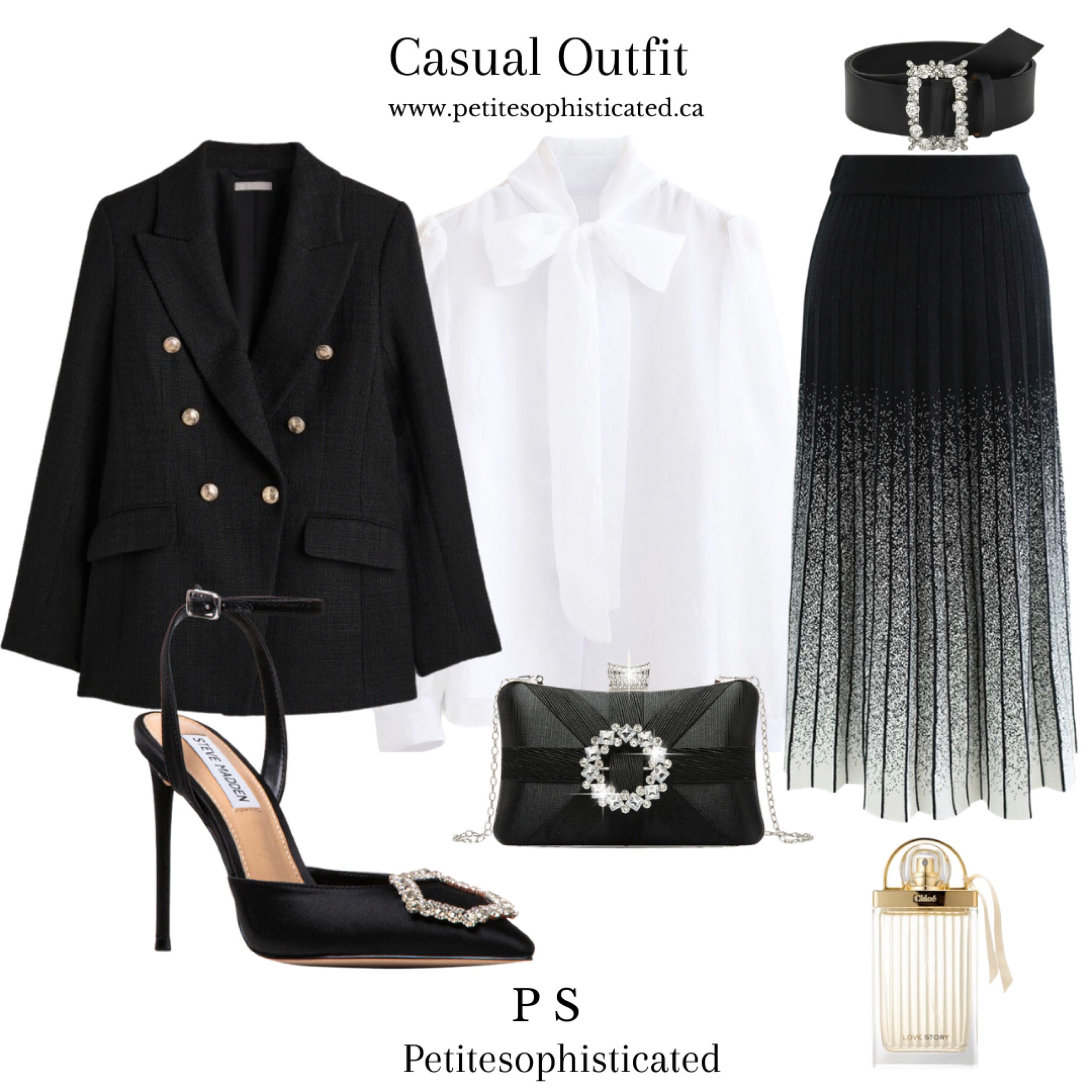 Sophisticated look
Work outfit 
Church outfit 
Bow blouse 
Tweed blazer
Sweater skirt
