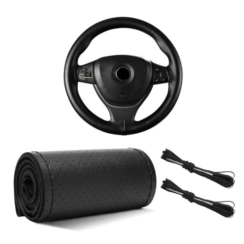 Yourkar Leather Steering Wheel Cover, 15"×15" Breathable Steering Wheel Cover DIY Kit with Needle Thread, Non-Slip Leather Stitch on Wrap Steering Wheel Protector, Car Accessories (Black) | Amazon (US)