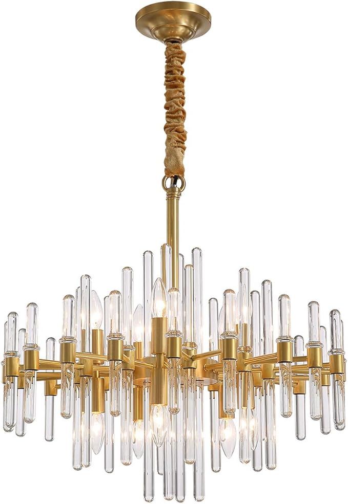 NOXARTE Brass Crystal Chandelier Modern Gold Lighting Fixture Clear Glass Rod Pendant Light for D... | Amazon (US)