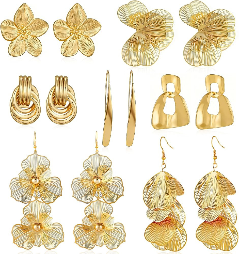 ILGANT Gold Flower Earrings Set for Women Chunky Gold Statement Earrings Big Plated Dangle Flower... | Amazon (US)