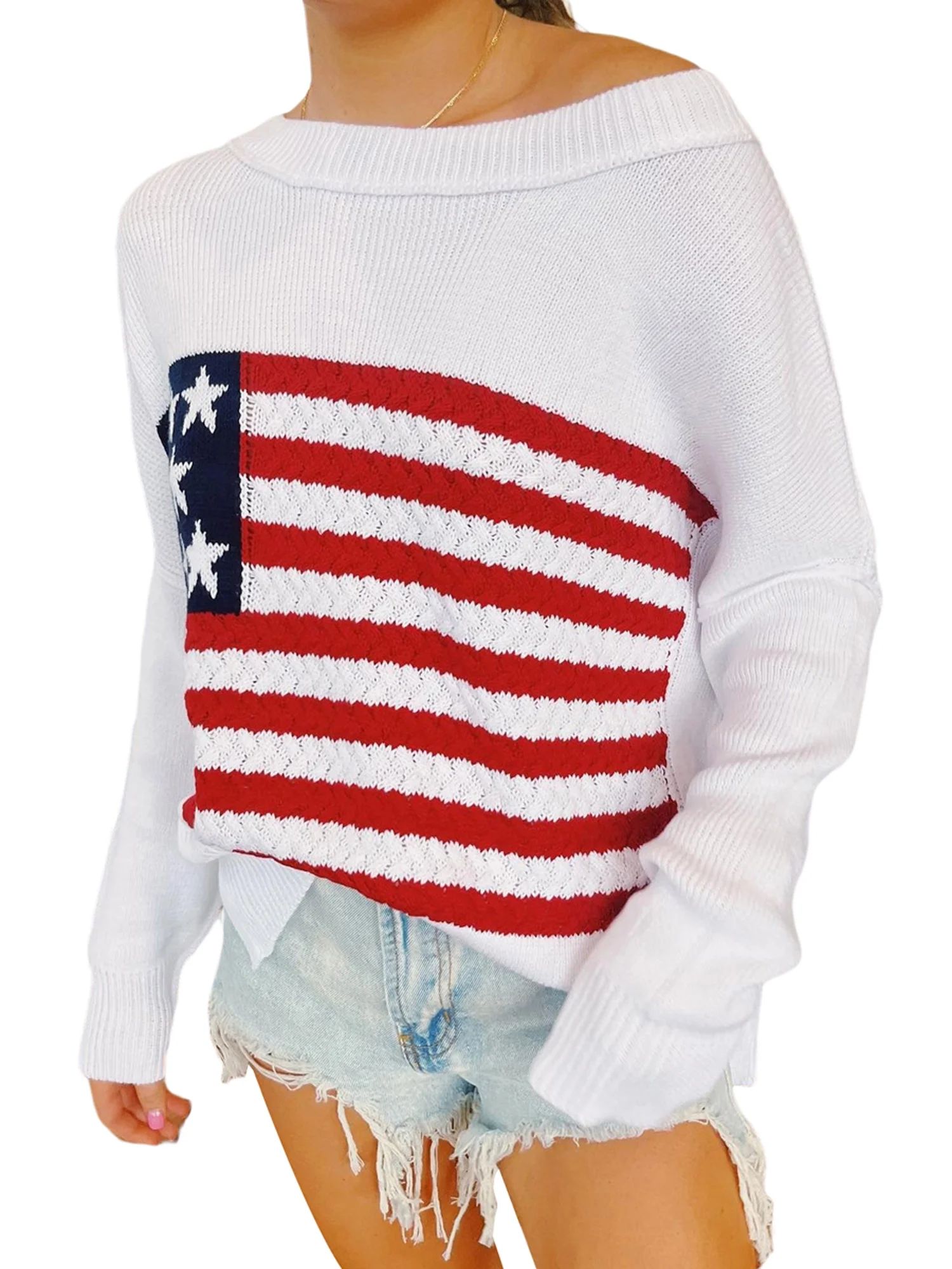 Women's Autumn Winter Long Sleeve Crewneck Flag Print Knit Sweater - Walmart.com | Walmart (US)