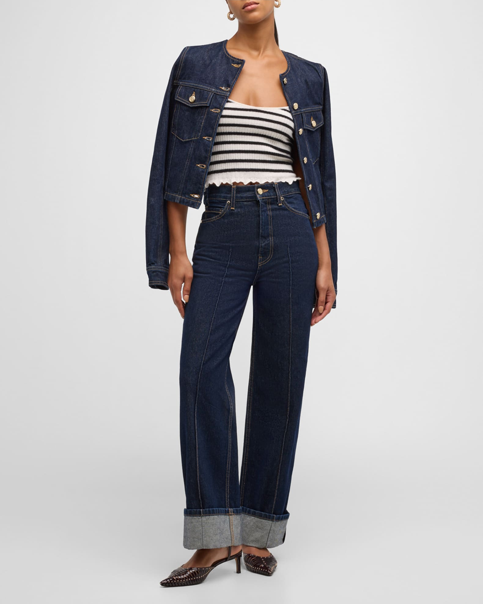 The Genevieve Topstitched Wide-Leg Denim Jeans | Neiman Marcus