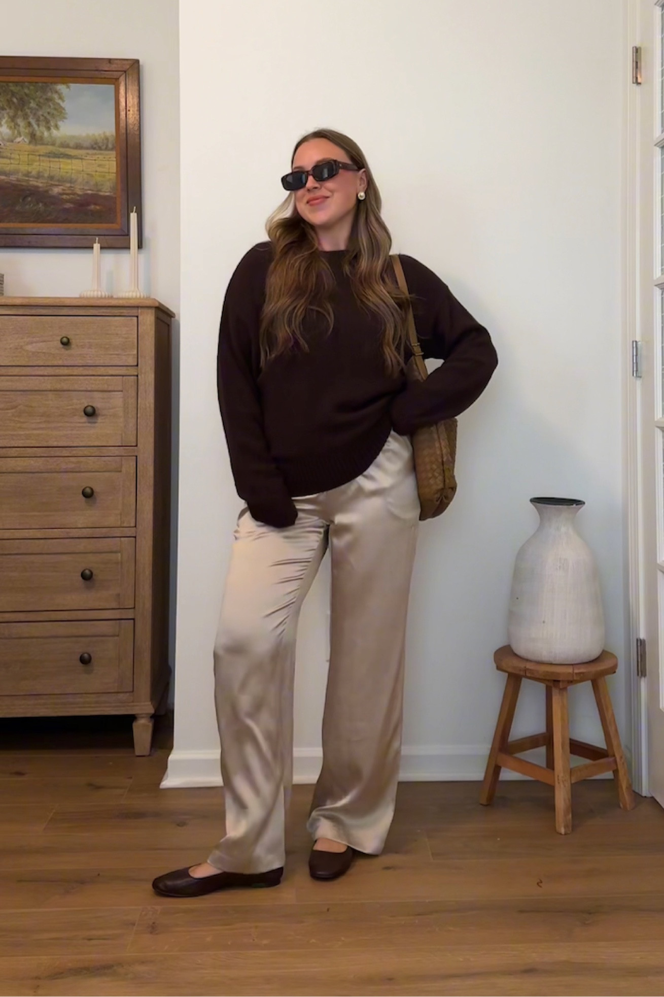 One way to style silk pants! wearing a medium sweater 

Neutral style, amazon finds, fall fashion, silk, knit sweater, sunglasses, necklace, gold jewelry, leather purse, brown look, womens clothing, autumn outfit, chic workwear, brown ballet flats, pearl earrings, hair clips, casual style

#LTKStyleTip #LTKShoeCrush #LTKWorkwear