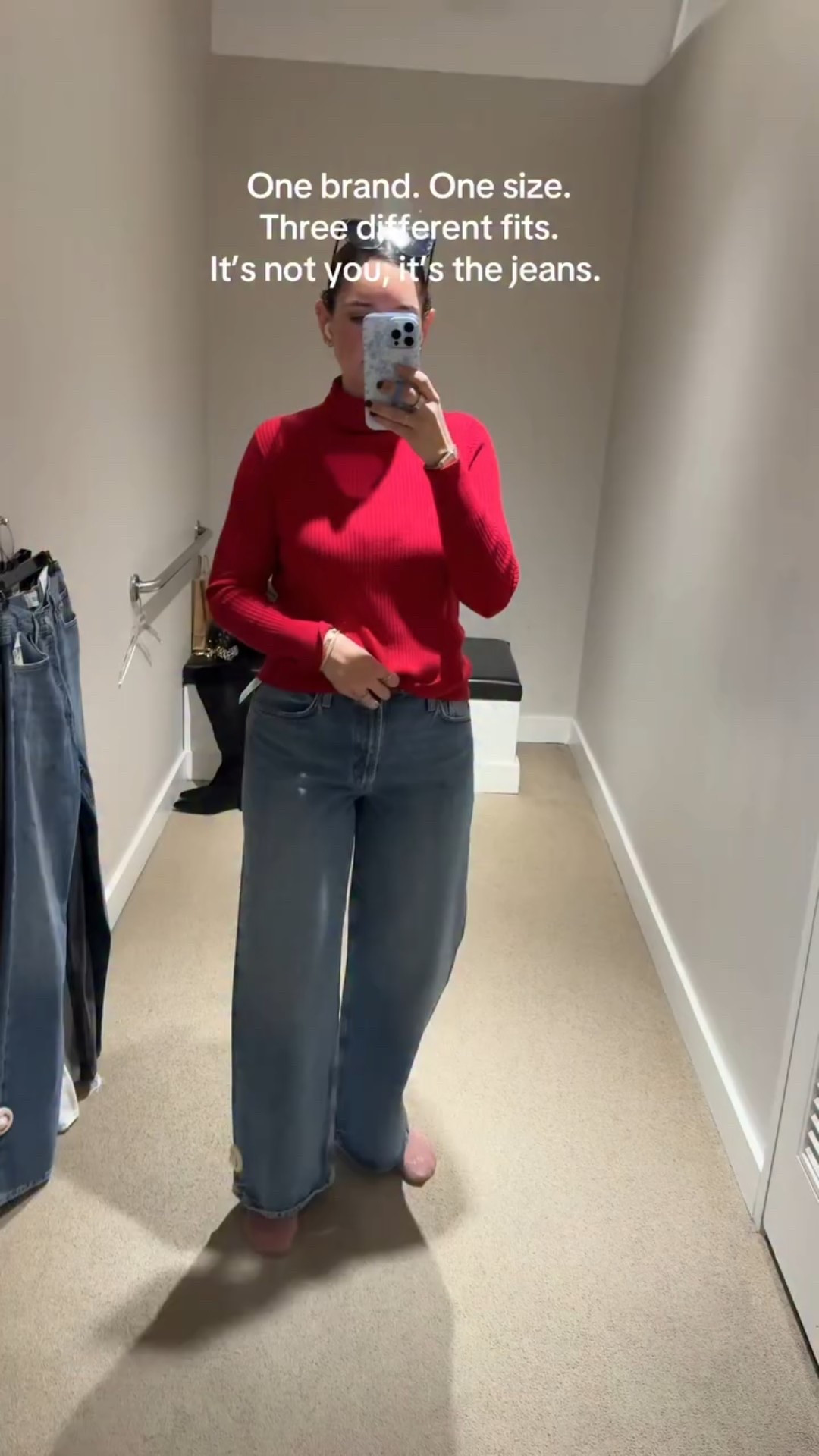 If you’ve ever spiraled in a dressing room, please remember: your worth isn’t measured in jeans. Brands can’t even agree on a “standard size” for themselves, so stop letting a tag tell you how to feel about your body.

Promise it’s not you. It’s definitely the jeans.