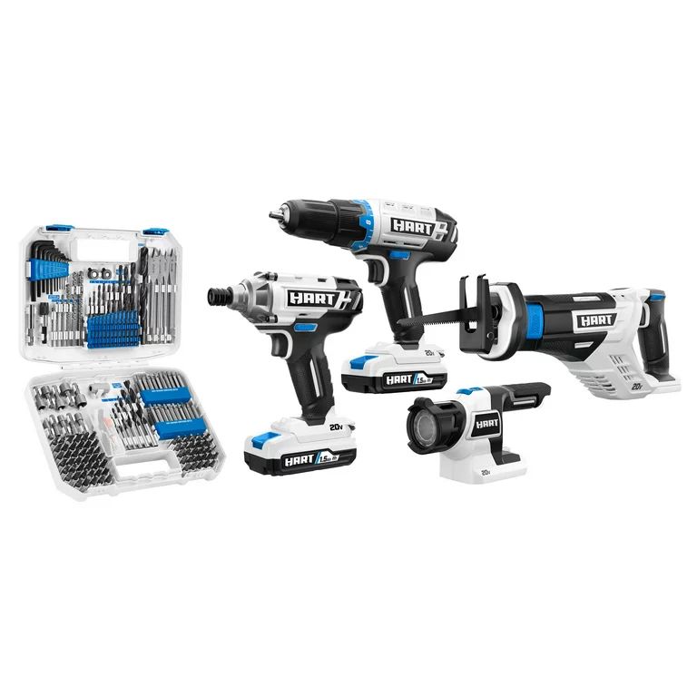 HART 20-Volt Cordless 4-Tool Combo Kit with 200-Piece Accessory Kit and 16-inch Storage Bag, (2) ... | Walmart (US)
