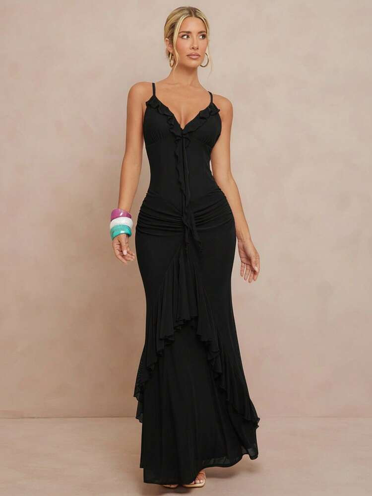 Lumalex Spaghetti Strap Ruffle Hem Mermaid Waist Bodycon Dress For Women | SHEIN