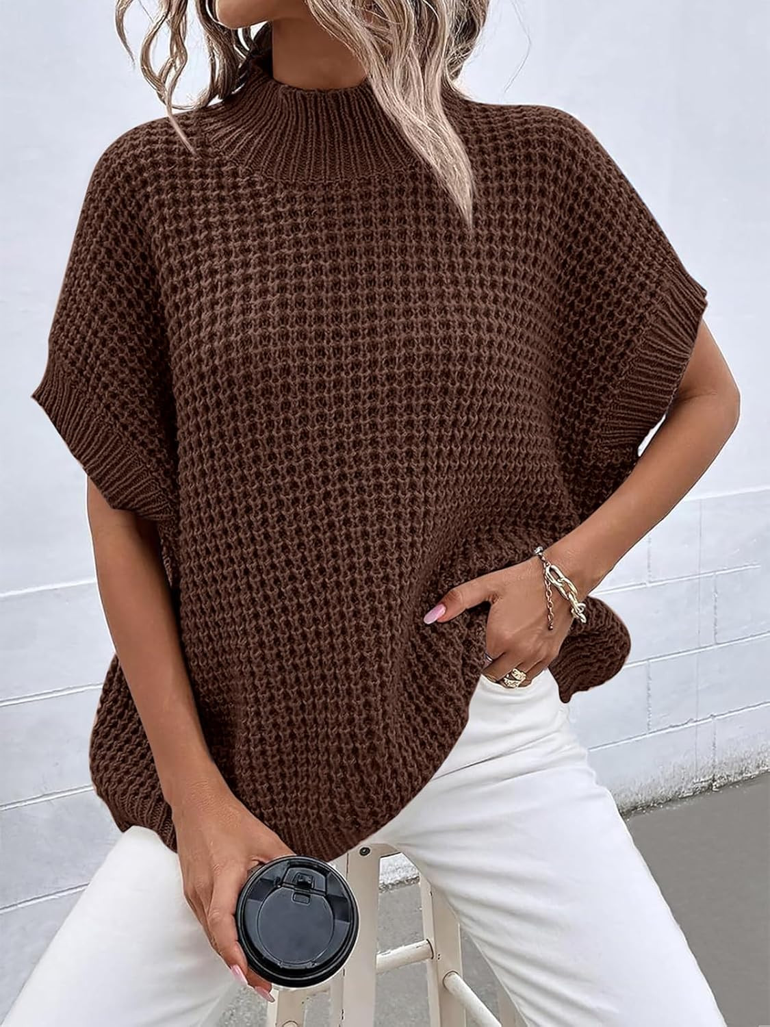 ANRABESS Women's Oversized Short Batwing Sleeve Mock Neck Sweater Vest 2024 Summer Sleeveless Swe... | Amazon (US)