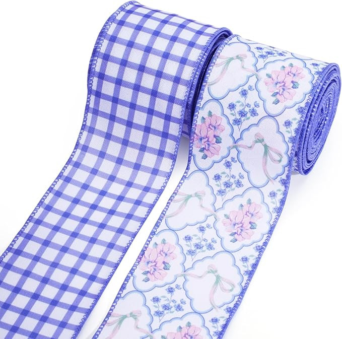 LaRibbons Floral Ribbon Wired 2.5 Inch x 6 Yards, 2 Rolls Purple Flower & Gingham Ribbon Set for ... | Amazon (US)