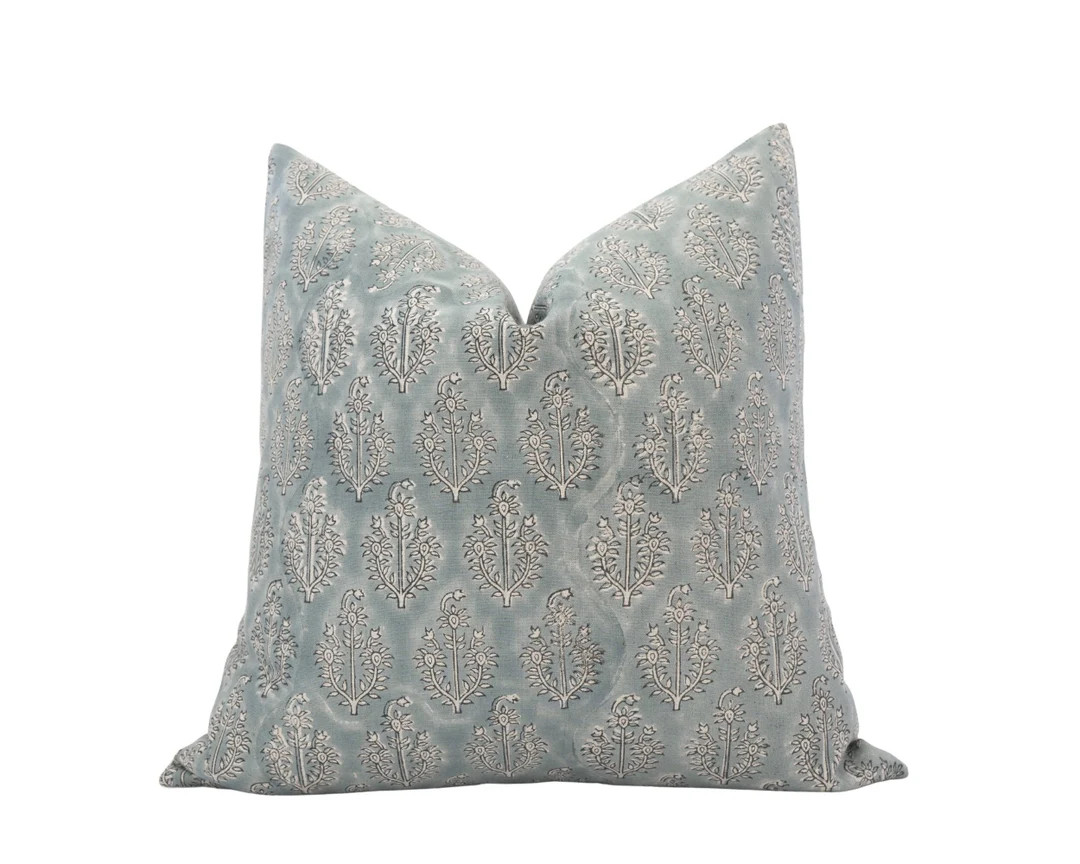 HARRIET || Blue Block Print Pillow Cover Blue Floral Pillow Muted Blue Pillow Coastal Blue Pillow... | Etsy (US)