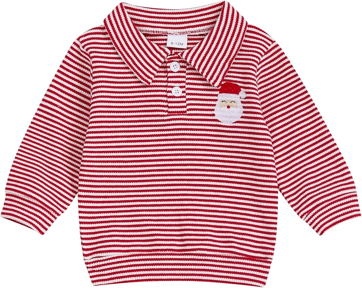 Toddler Baby Boy Christmas Outfit Santa Claus Embroidery Waffle Striped Long Sleeve Polo Shirt Bu... | Amazon (US)