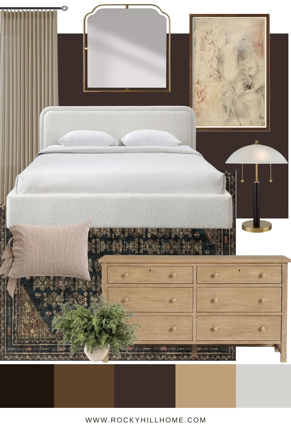 Moody Transitional Bedroom Inspo!Mixing a cozy bouclé bed and light wood dresser with dark brown walls and a vintage rug for Old World charm. Shop this elevated, transitional bedroom look, perfect for a warm, cozy retreat!

#LTKHome #LTKSaleAlert