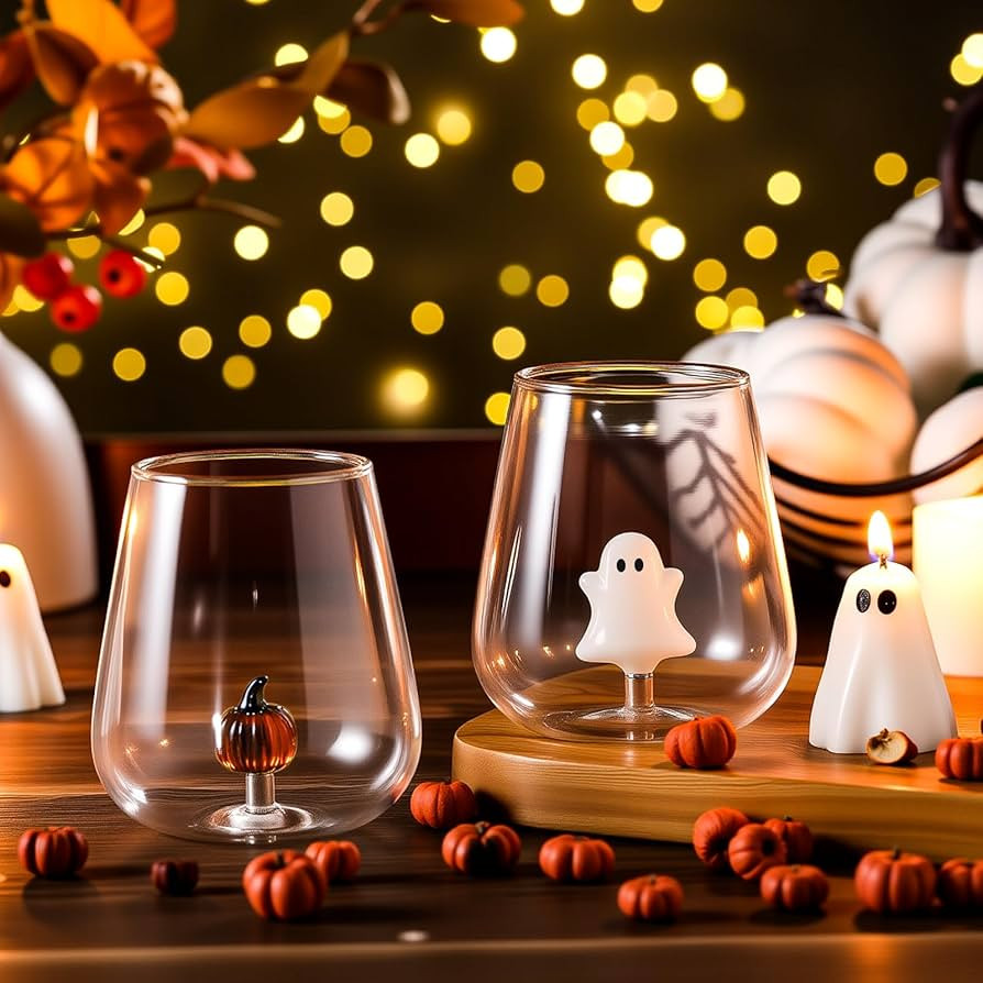 2 Set Halloween Ghost and Pumpkin Stemless Wine Glass Halloween 12 oz Drinking Glasses for Dinner... | Amazon (US)