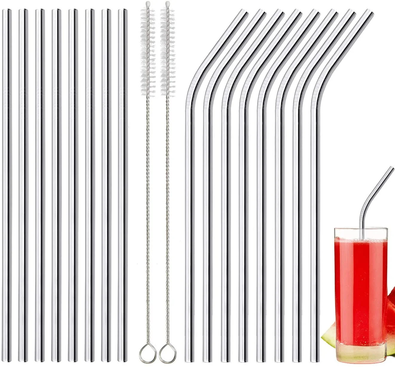 Annvchi 304 Reusable Stainless Steel Straws, Set of Metal Drinking Straws with Cleaning Brushes, ... | Walmart (US)