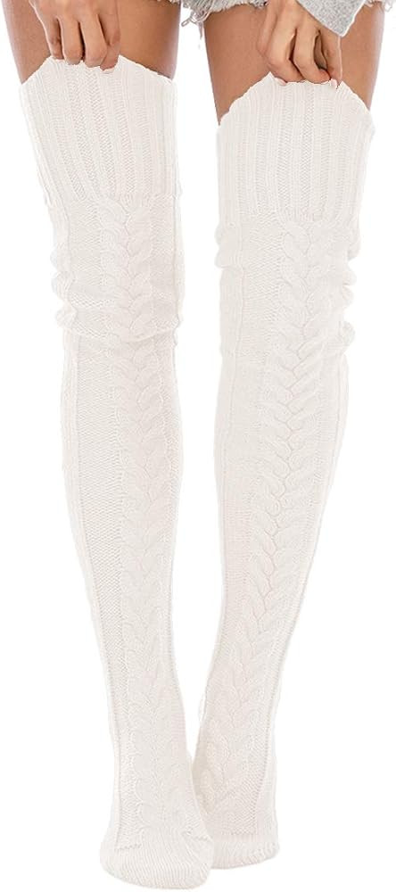Leoparts Women's Cable Knitted Thigh High Boot Socks Extra Long Winter Stockings Over Knee Leg Warme | Amazon (US)
