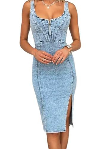 utcoco Denim Dress for Women Sleeveless Side Slit Bodycon Midi Jean Dresses for Women 2024 (Medium, Light Blue) | Amazon (US)