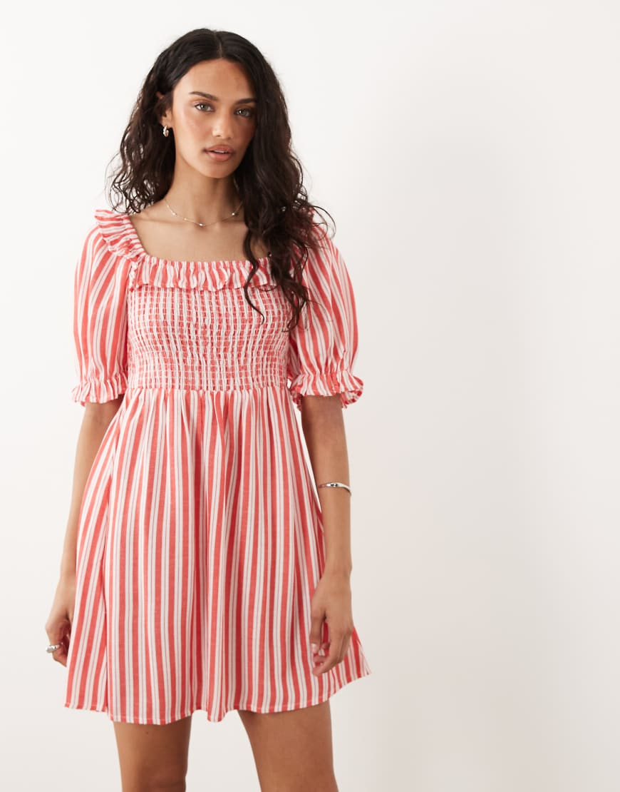 New Look stripe shirred frill trim mini dress in red | ASOS (Global)
