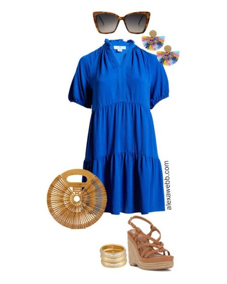 Plus Size Summer Dresses 5 - An easy casual summer outfit with a bright blue tiered dress, statement earrings, and a bamboo clutch bag. Alexa Webb #plussize

#LTKplussize #LTKover40 #LTKstyletip