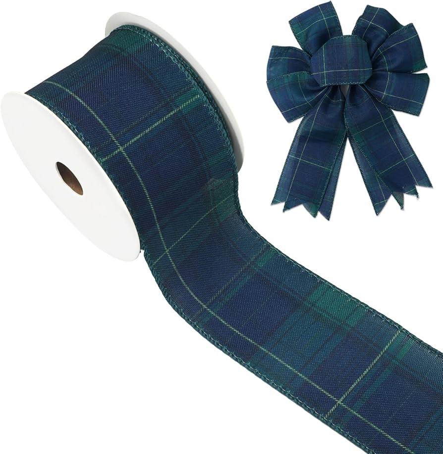 AnyDesign Tartan Plaid Wired Edge Ribbon 2.5 Inch Green Blue Checkered Craft Ribbons 12 Yard Fabr... | Amazon (US)