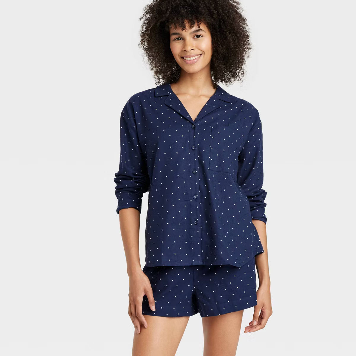 Women's Polka Dot Flannel Long Sleeve Top and Shorts Pajama Set - Auden™ Navy Blue XS | Target