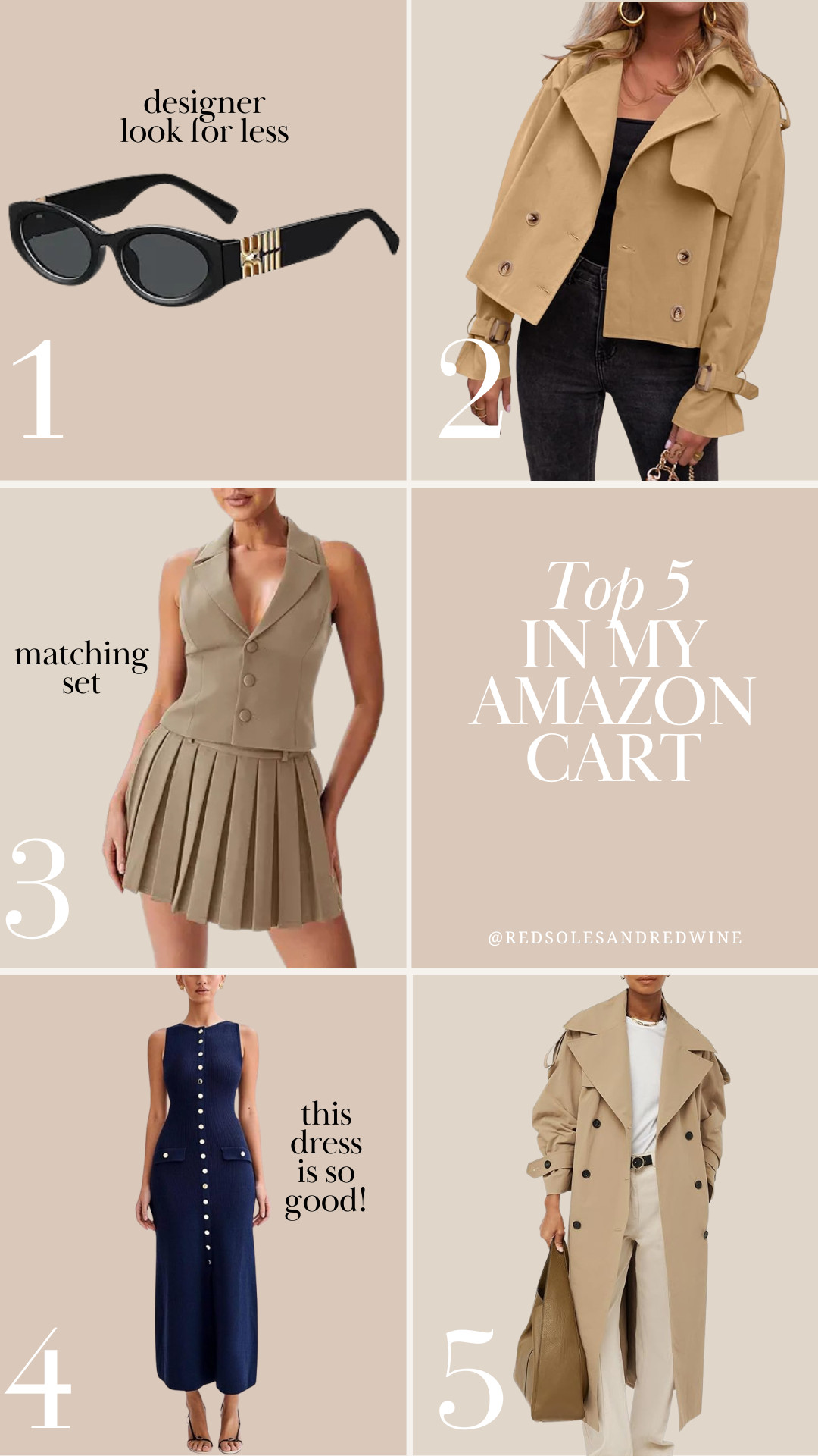 Top 5 in my Amazon cart! Trench coats, matching sets, designer inspired sunglasses, old money dress, quiet luxury dress, fall trends, fall style 

 

#LTKFindsUnder100 #LTKStyleTip #LTKWorkwear