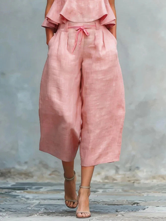 Casual Solid Relaxed Cropped Lace-up Wide Leg Pants | Stylewe