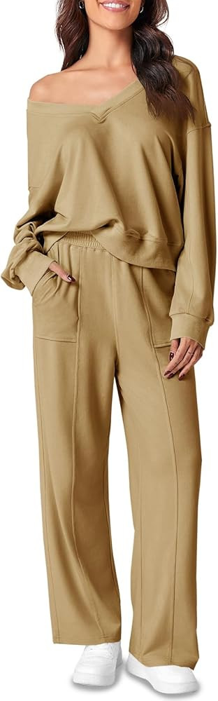 Fiosew Womens 2 Piece Sweat Set Workout V Neck Sweatshirt Pocketed SweatPants Casual Sport Tracks... | Amazon (US)