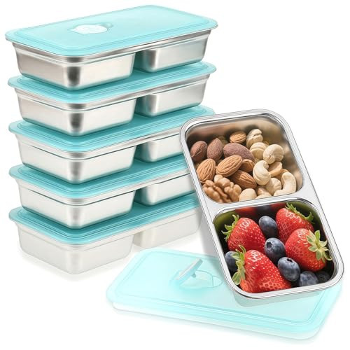 BSTUR Stainless Steel Snack Containers, 6-Pack Reusable Grab and Go Containers with Lids, Dual Compartment Bento Box for Travel, Camping & Lunch Prep | Amazon (US)