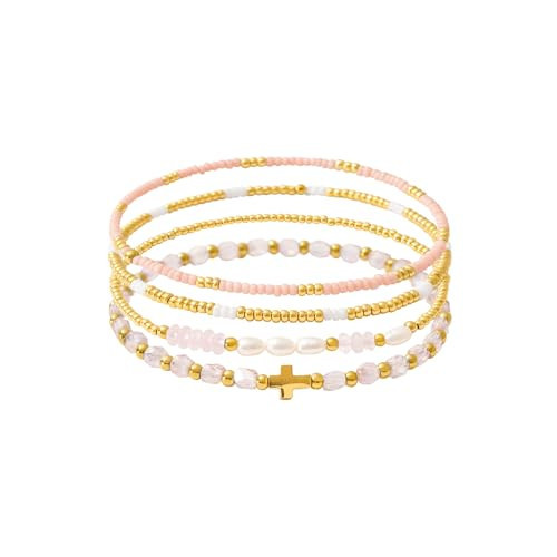 Pymach Dainty Gold Plated Pearl Crystal Beaded Bracelets Set for Women 14K Gold Plated Bead Pearl Beads Bracelet Stackable Paperclip Link Chain Bracelets Gold Plated Bracelets for Women Trendy Jewelry | Amazon (US)