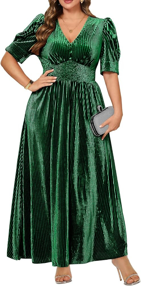 Pinup Fashion Velvet Wedding Guest Dress - Fall Formal Holiday V Neck Empire Waist Long Dresses | Amazon (US)