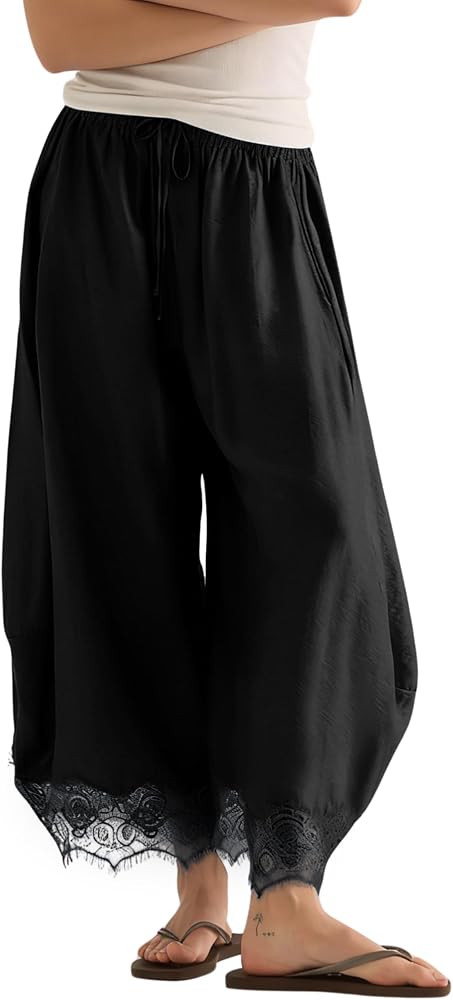 PUWEI Women's Cropped Lace-Hem Pants High Waisted Drawstring Wide Leg Pants Casual Lightweight Tr... | Amazon (US)